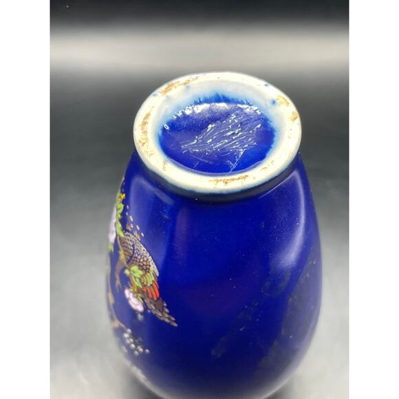 Vintage Blue Chinese Peacock Bird Asian Ceramic Vase 4" - Picture 6 of 6